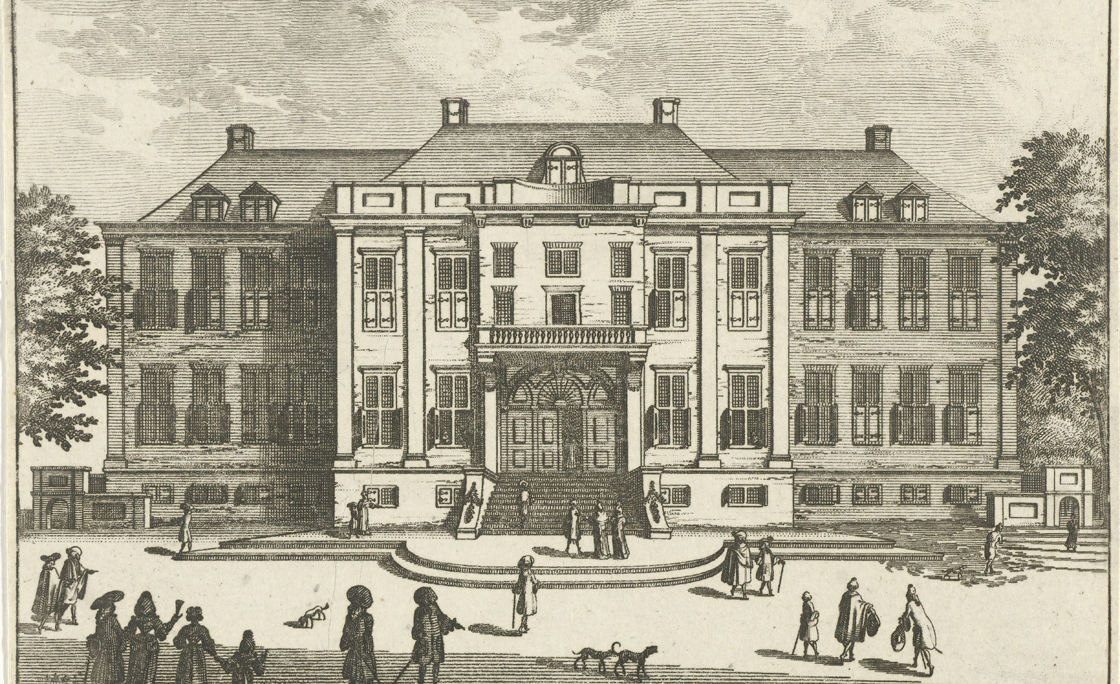 Facade of Soestdijk Palace Het Huijs Van Vooren (title on object) General Image Vant Lust-Huijs and Hof van sijn Royal Majesty of Great Britain t Soest-Dijk (series title), View of the façade of Soestdijk Palace with walking figures in the foreground. Th