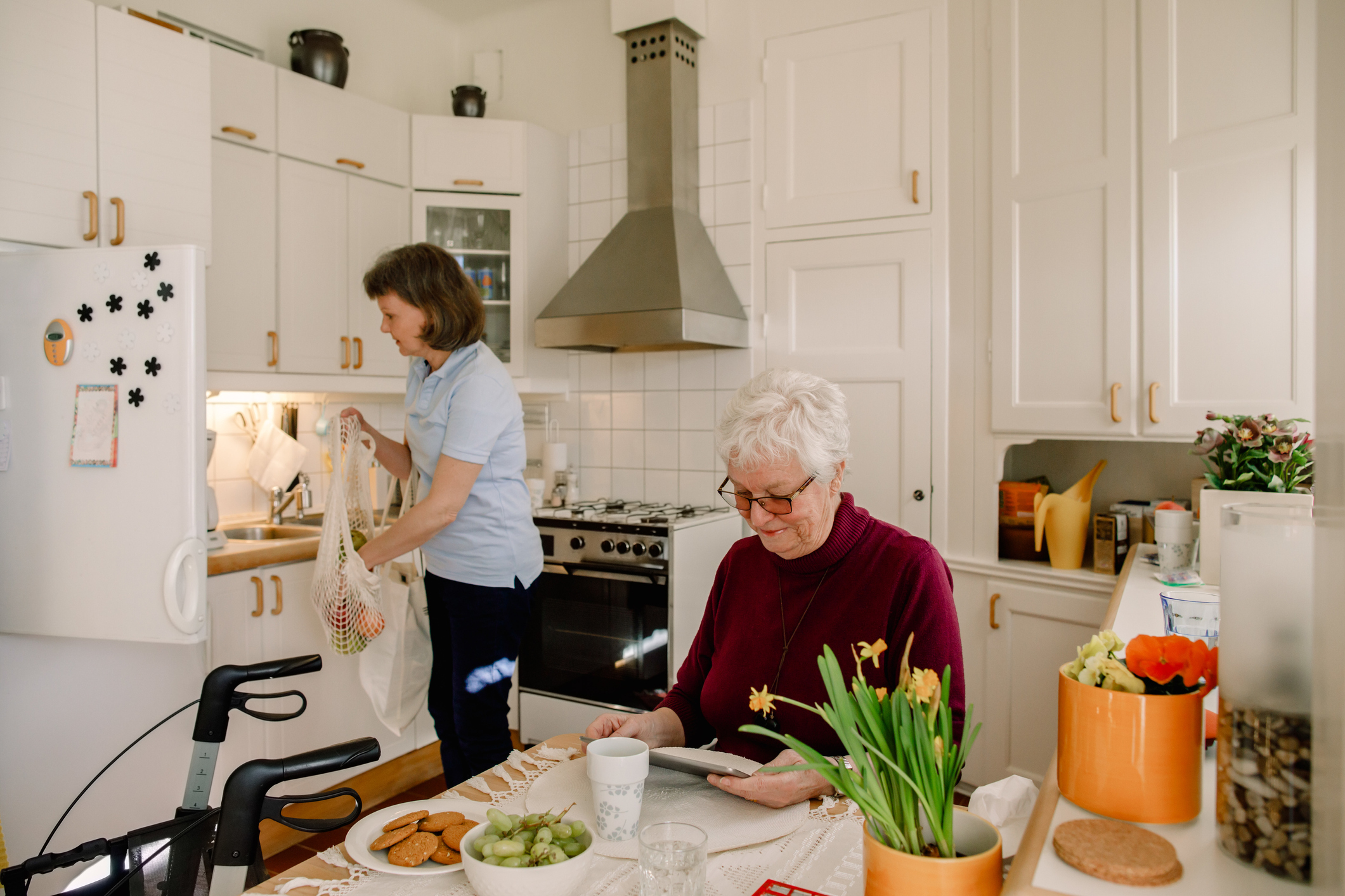 Senior woman using digital tablet while female healthcare worker holding grocery bag in kitchen