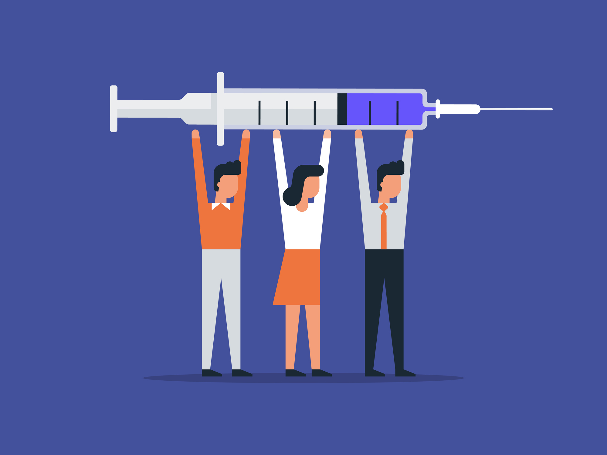 Illustration of three business people holding up syringe of vaccine in triumph