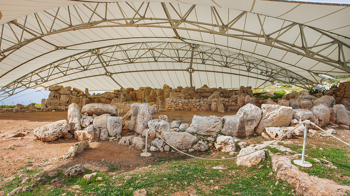 Mnajdra Temple within Hagar Qim megalithic complex. Ancient walls near Qrendi, Malta. UNESCO World Heritage Site.