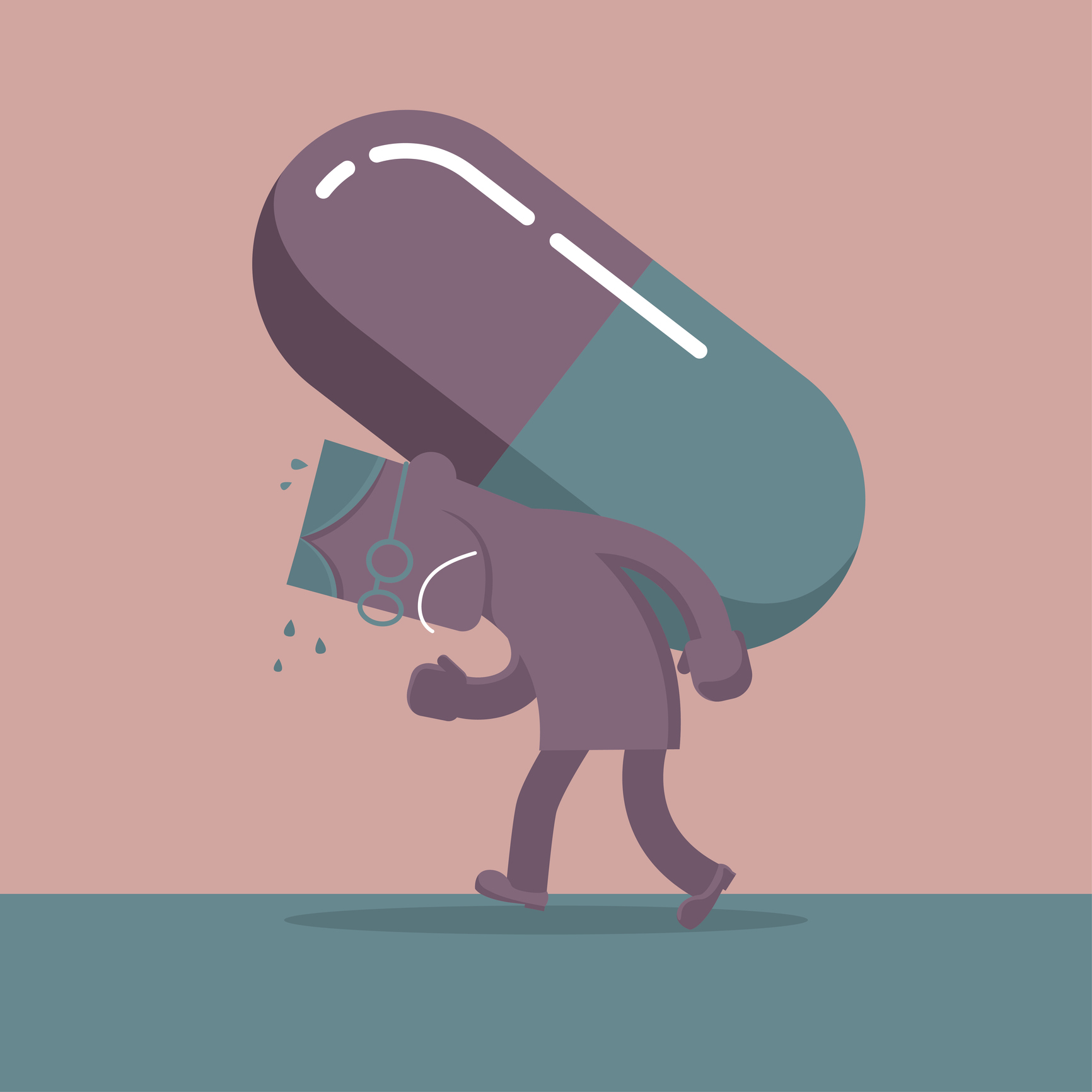 A man carries a huge capsule. The background is brown.