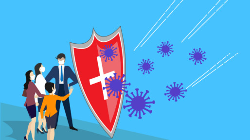 Covid-19 virus strain with shield protect people with masks.  Stop pandemic.