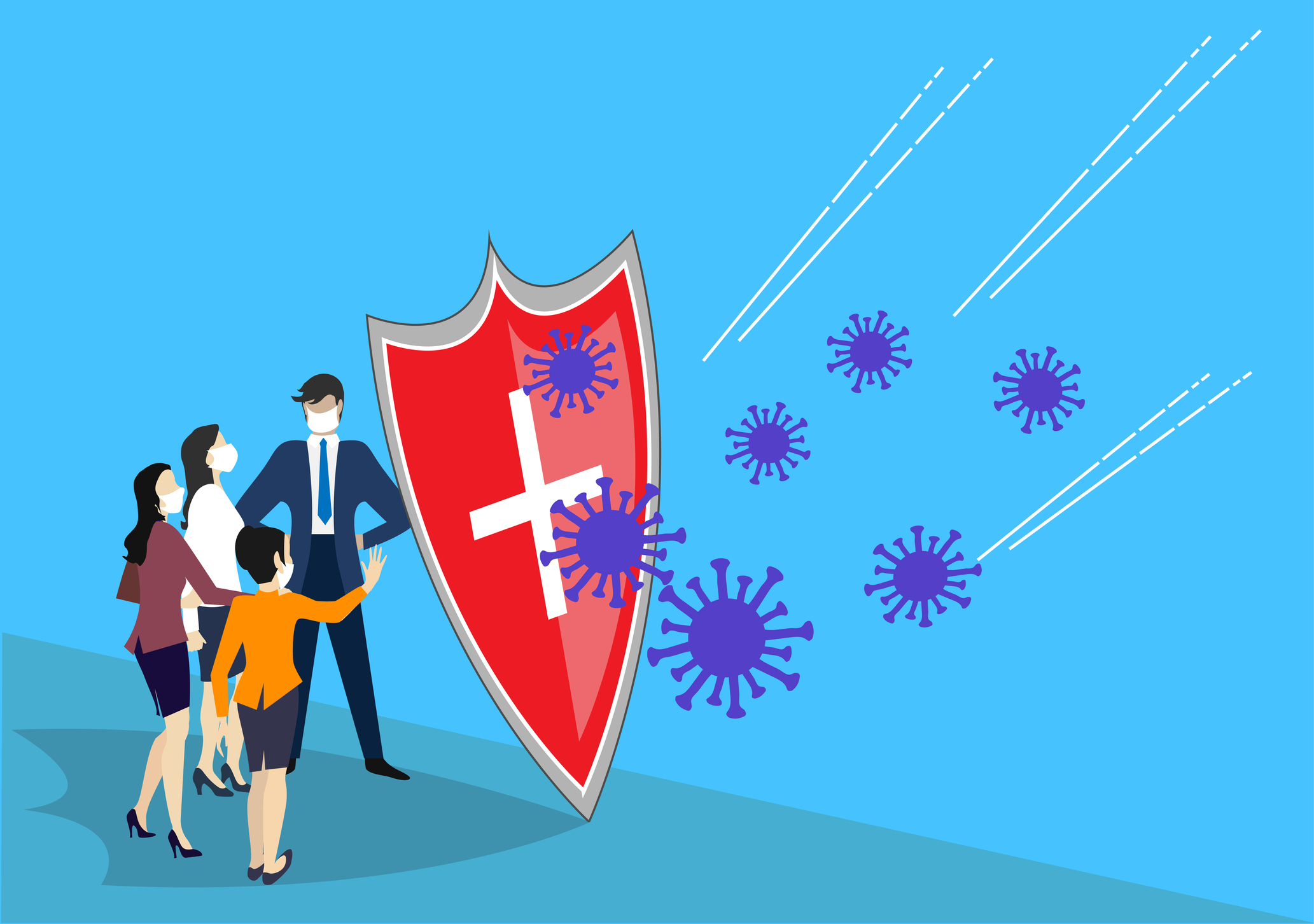 Covid-19 virus strain with shield protect people with masks.  Stop pandemic.