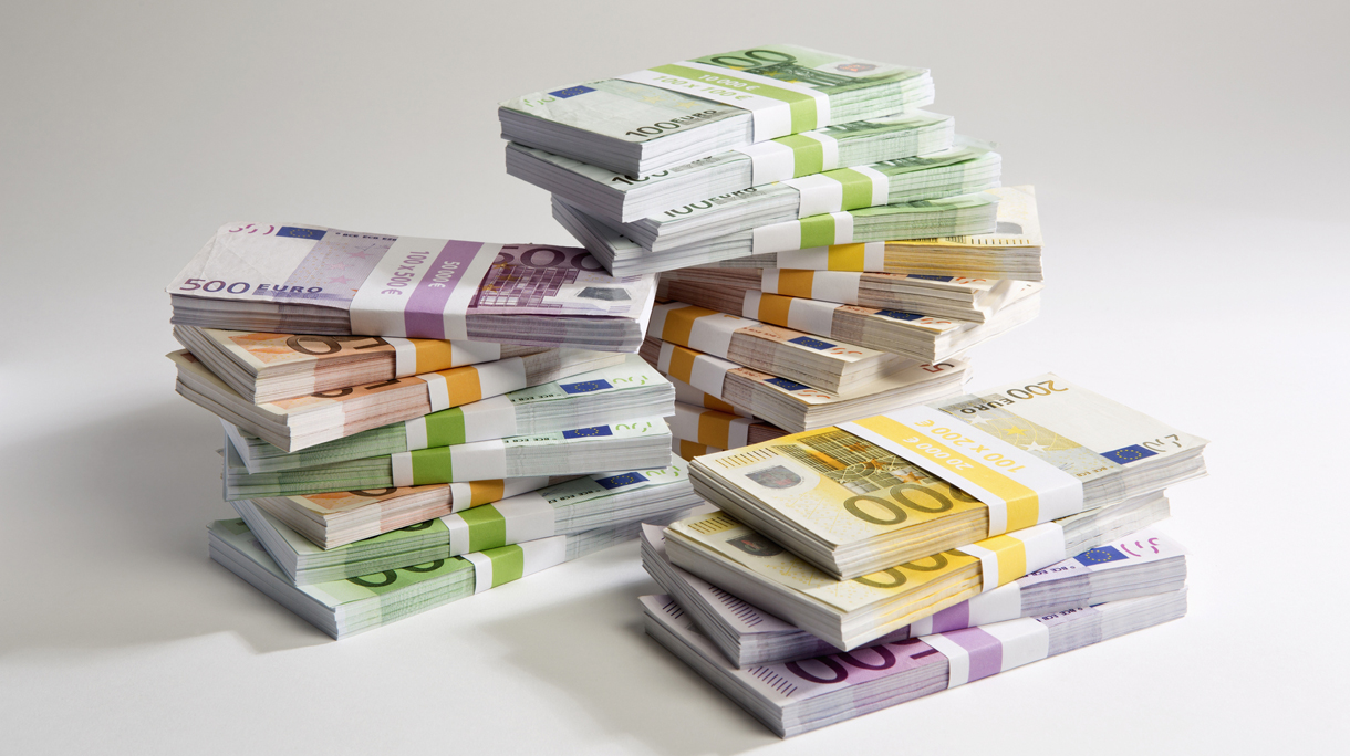 Stacks of large billed Euro banknotes