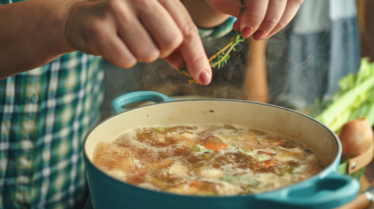 Preparing Chicken Noodles Soup with Fresh Vegetables