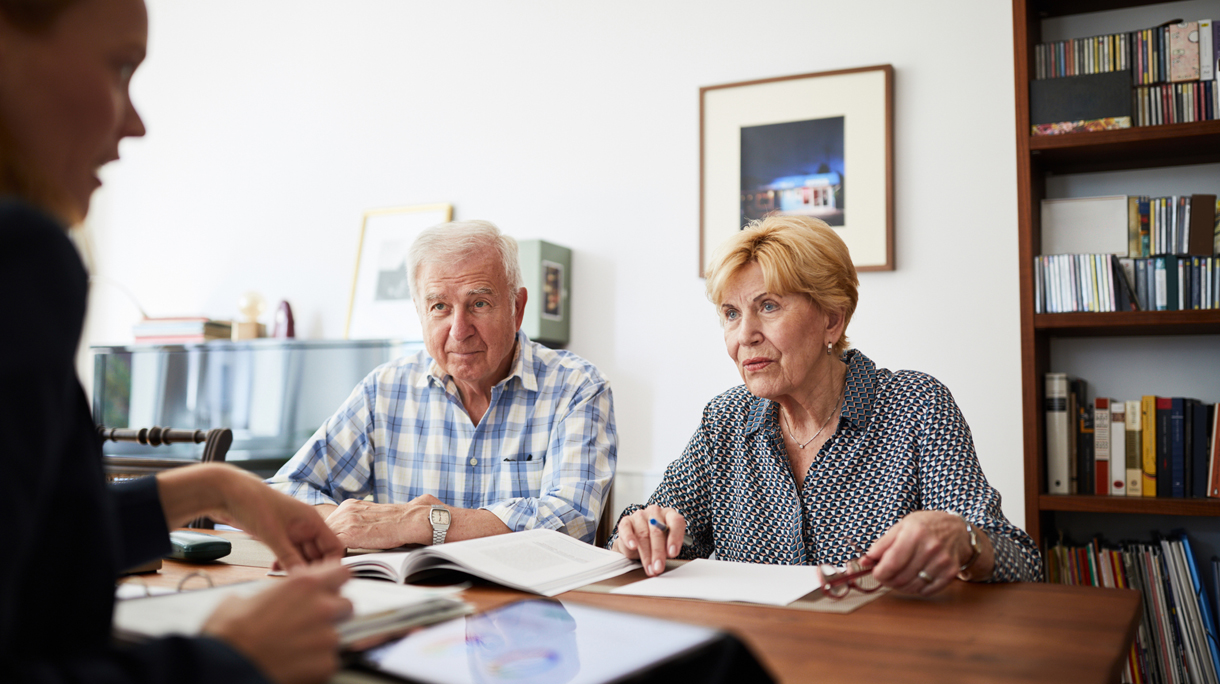 Senior couple meeting with financial consultant at home