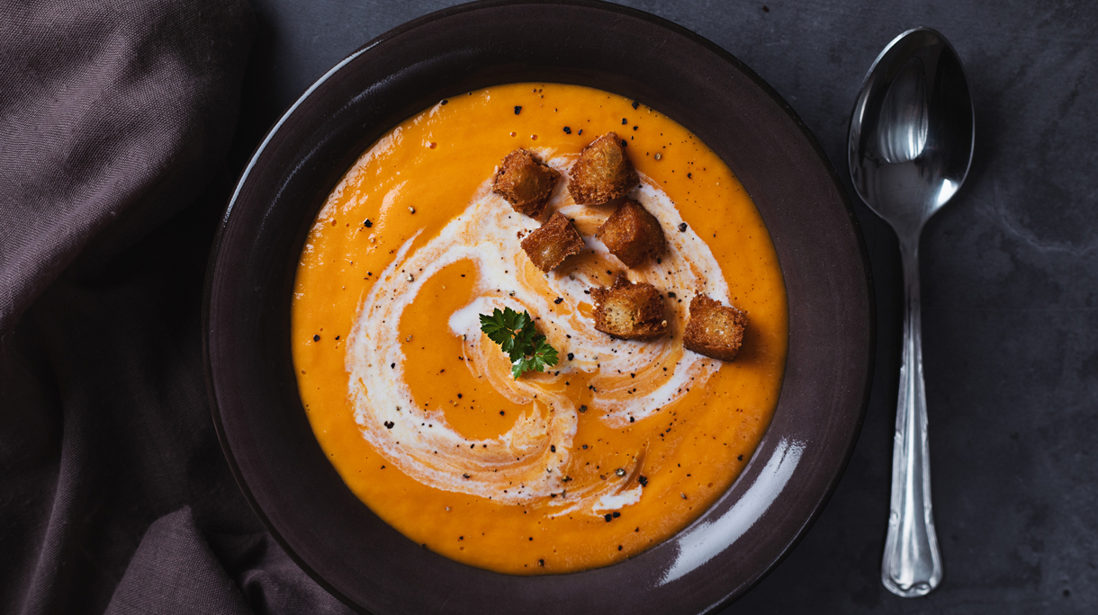 Carrot soup with cream and croutons