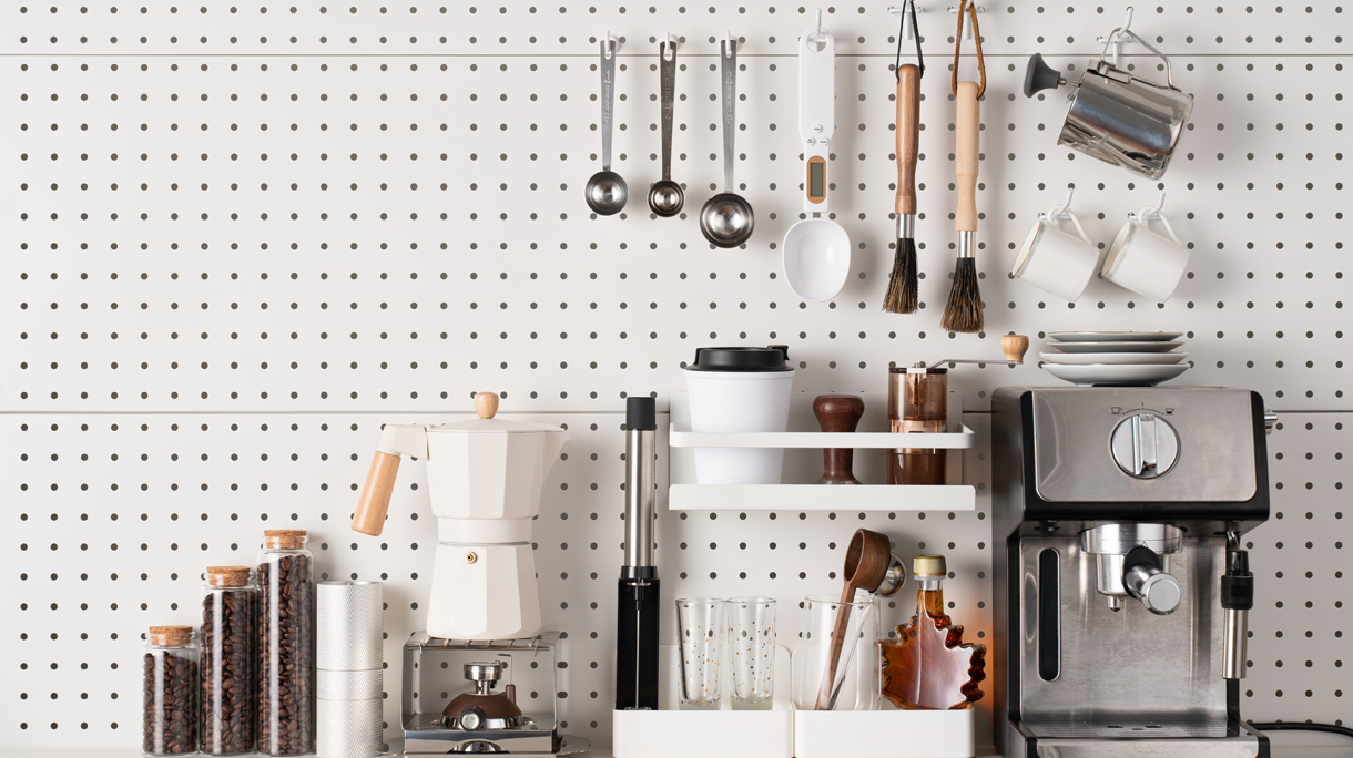 Espresso Coffee Maker and Accessories on Pegboard