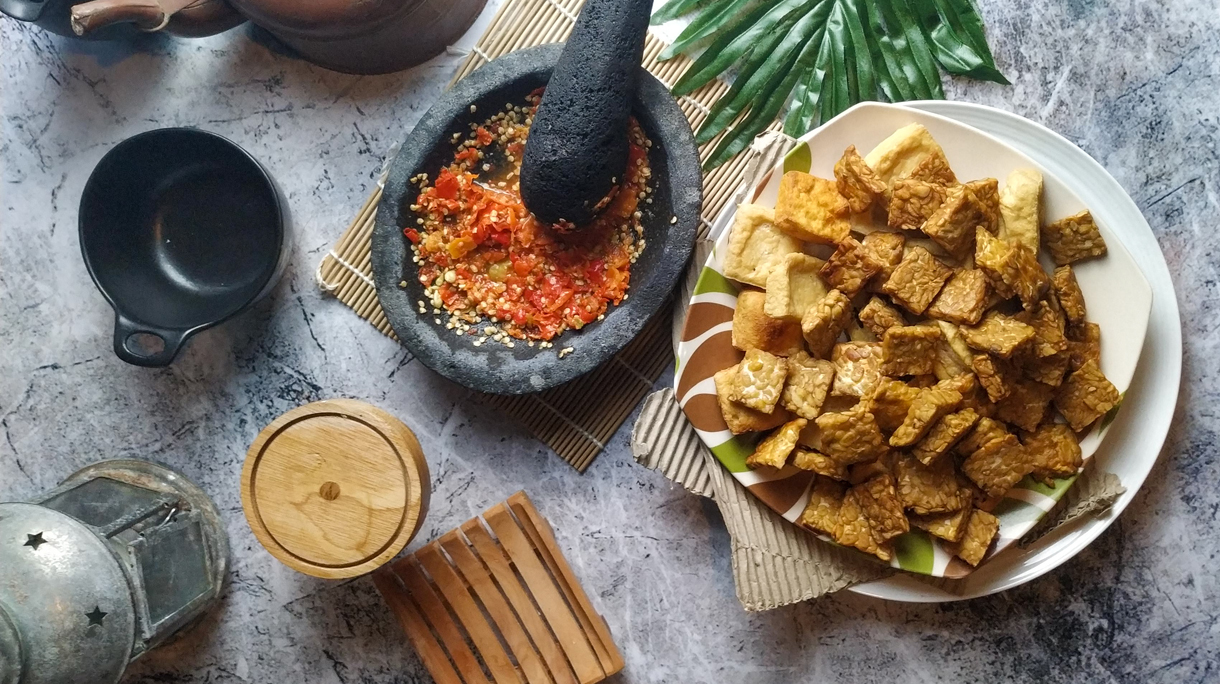 Traditional food indonesian Tempe and chili sauce from Indonesia