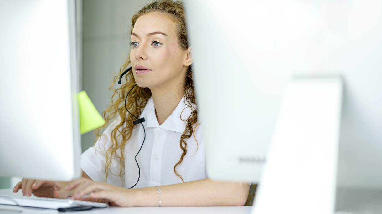 Customer help desk in headset working in customer care support. Customer service representative concept.