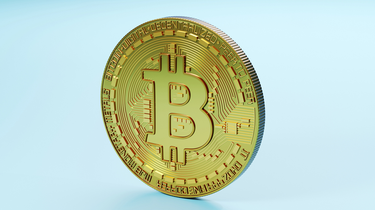 Three dimensional render of Bitcoin standing against blue background