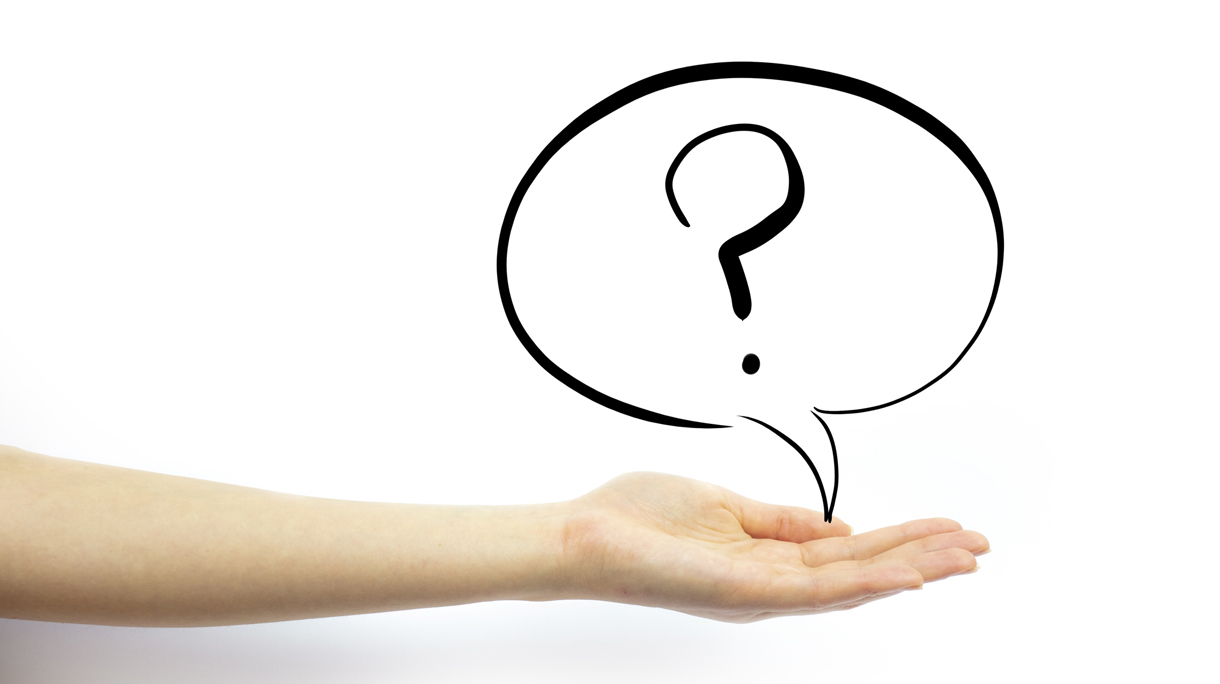 Hand holding out palm straight with speech bubble with question mark