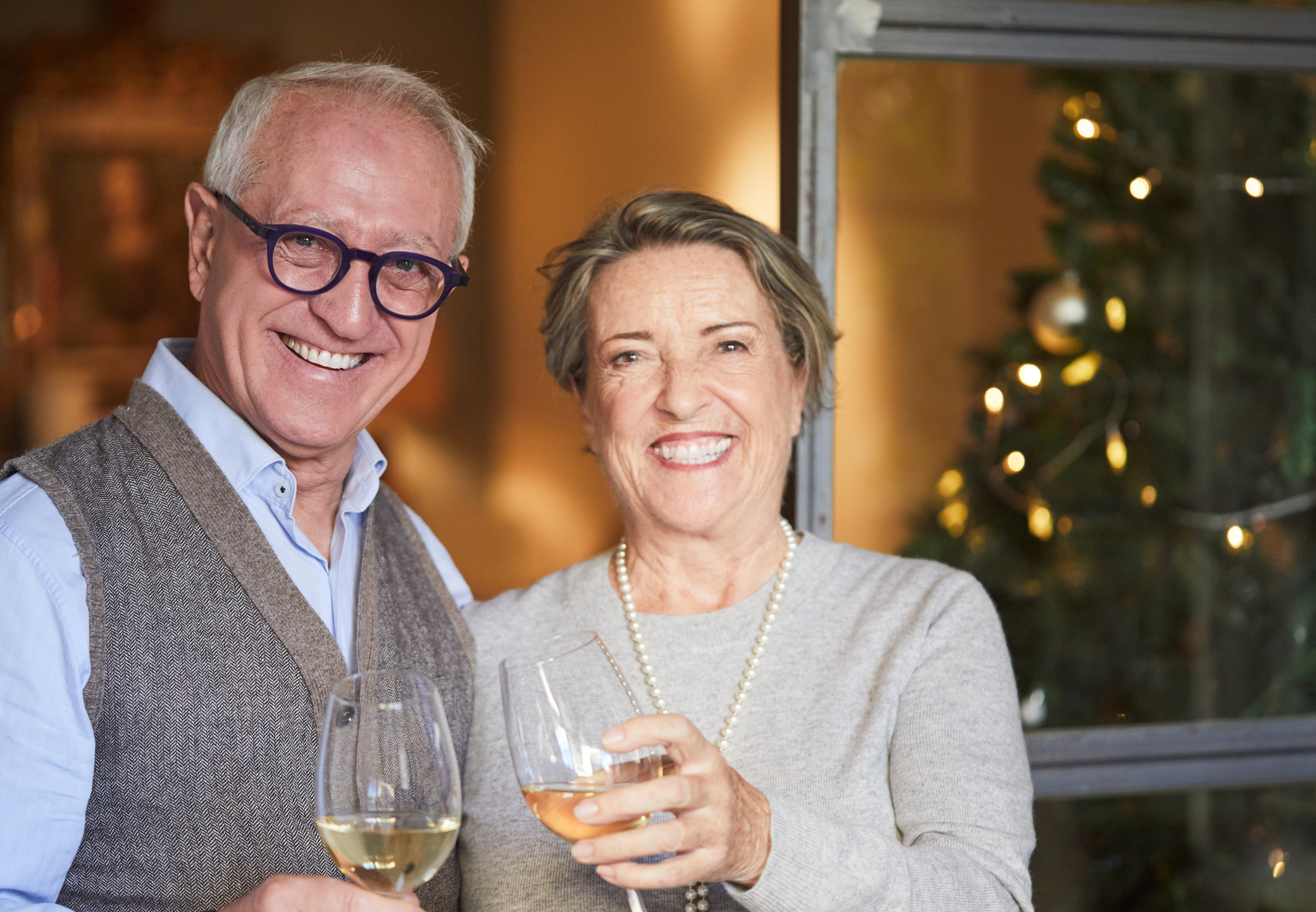 Senior couple toasting and looking at camera on Christmas eve.