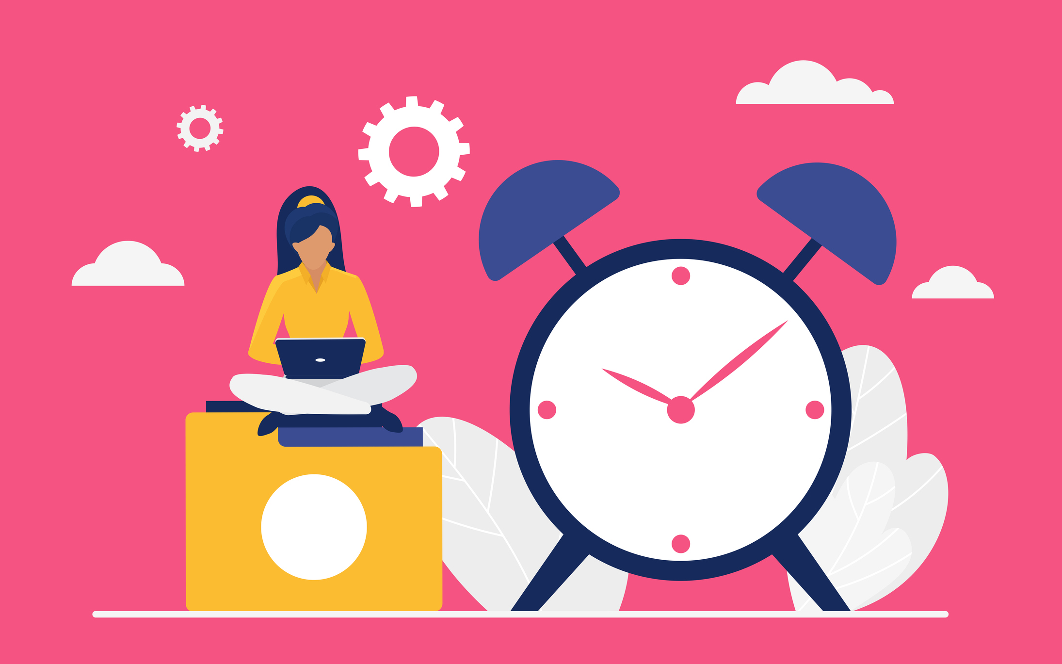 Time management work concept, business office worker or manager sitting next to clock
