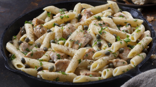 Grilled Chicken Piccata with Penne Pasta and Fresh Artisan Bread