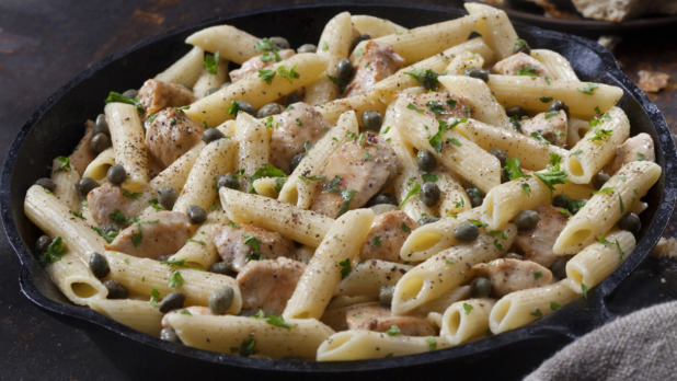 Grilled Chicken Piccata with Penne Pasta and Fresh Artisan Bread