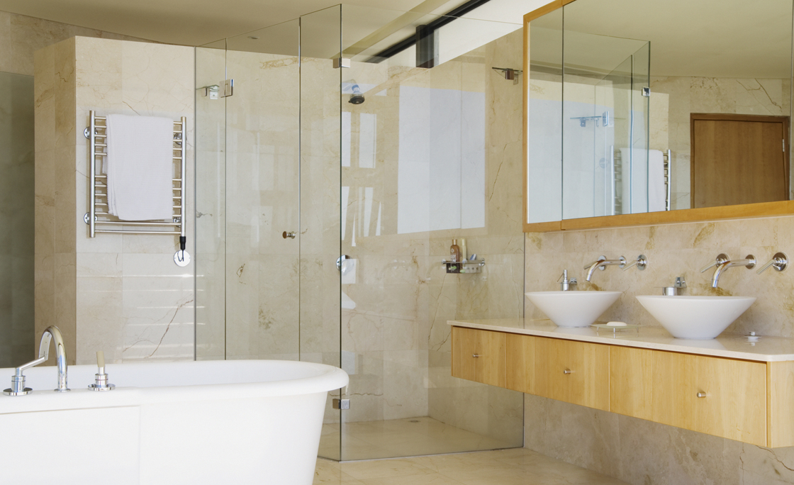 Modern bathroom shower vanity and bathtub