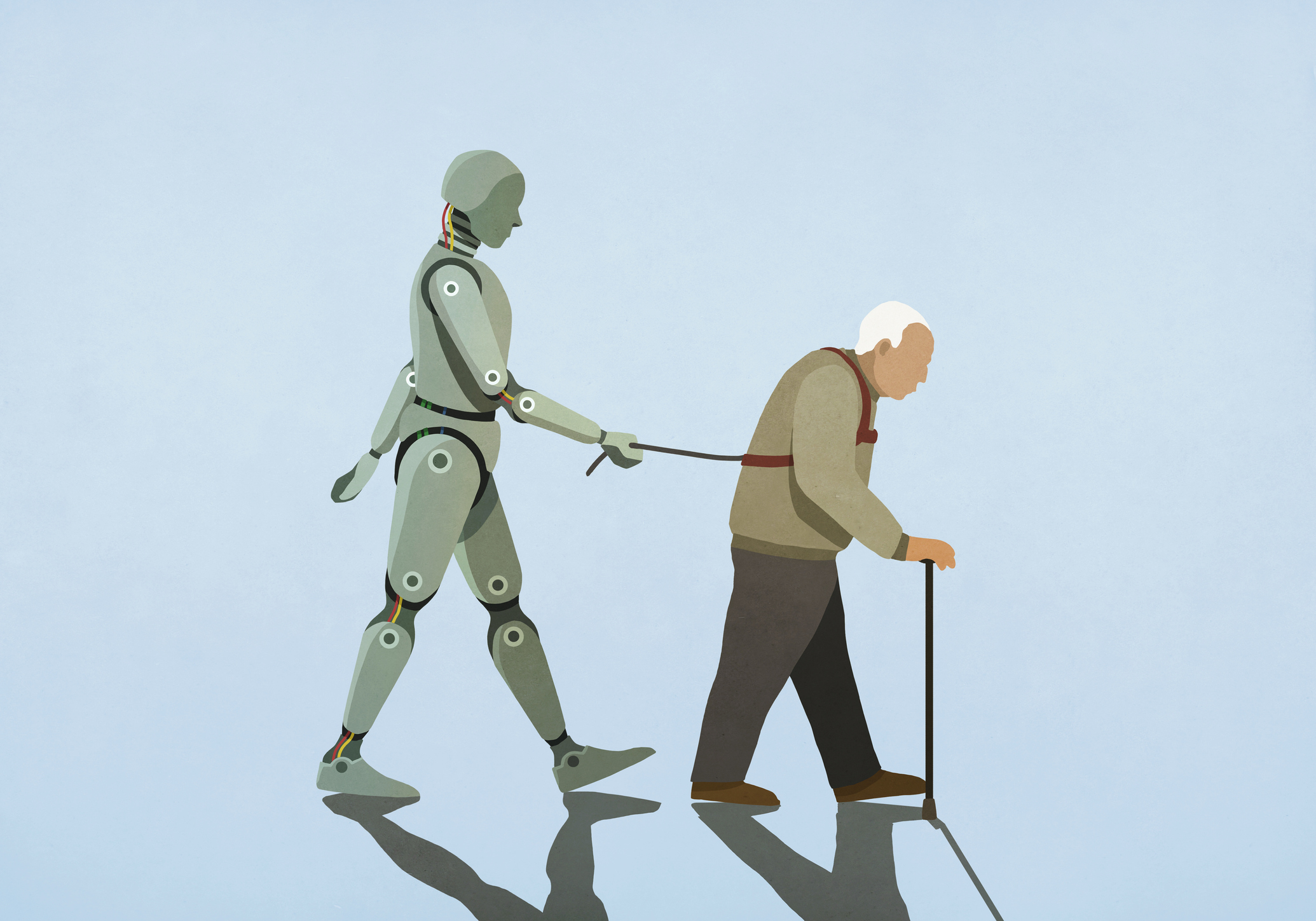 Robot walking senior man on leash