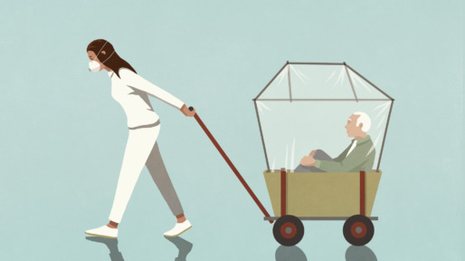Woman in flu mask pulling senior man in covered wagon