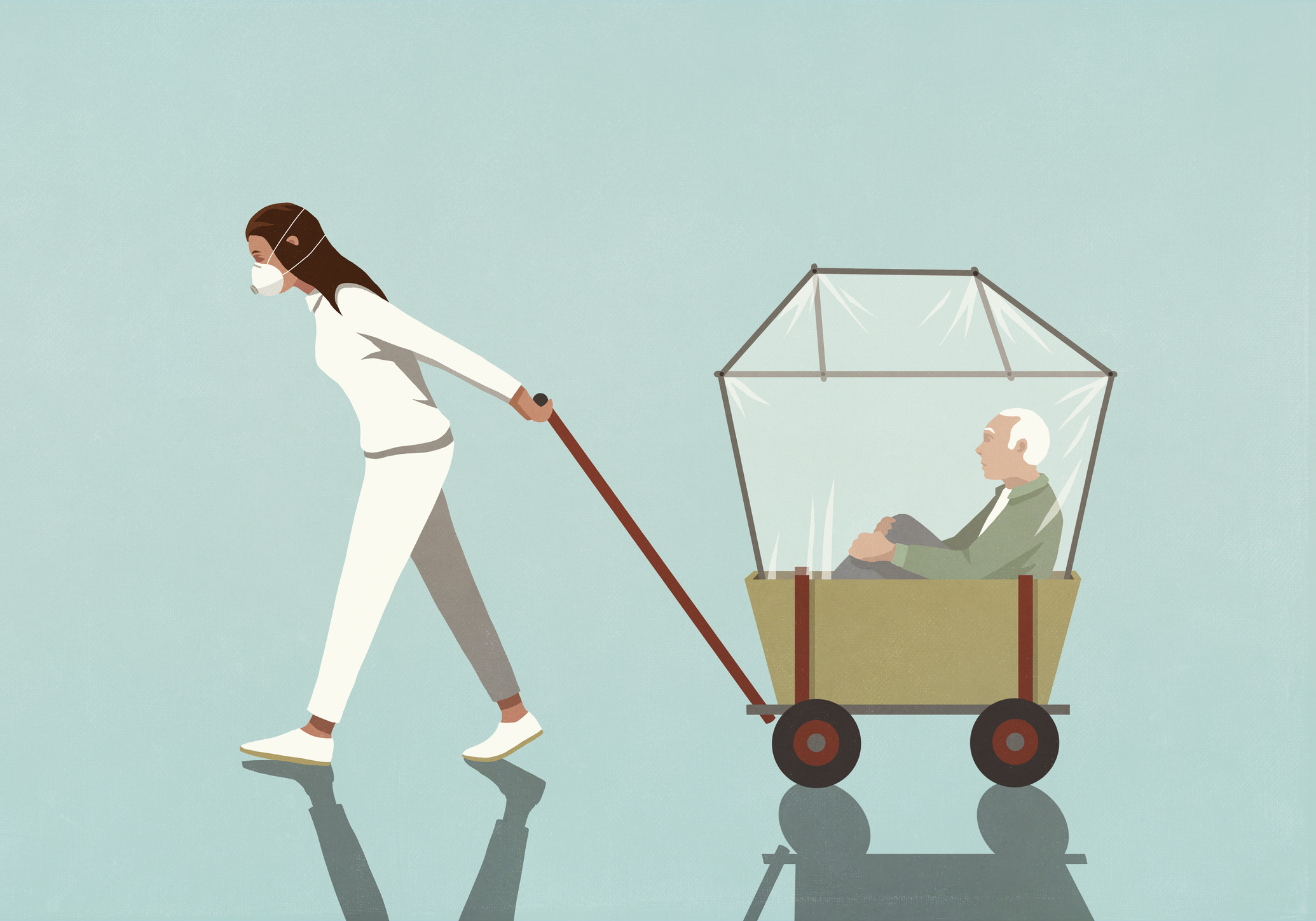 Woman in flu mask pulling senior man in covered wagon