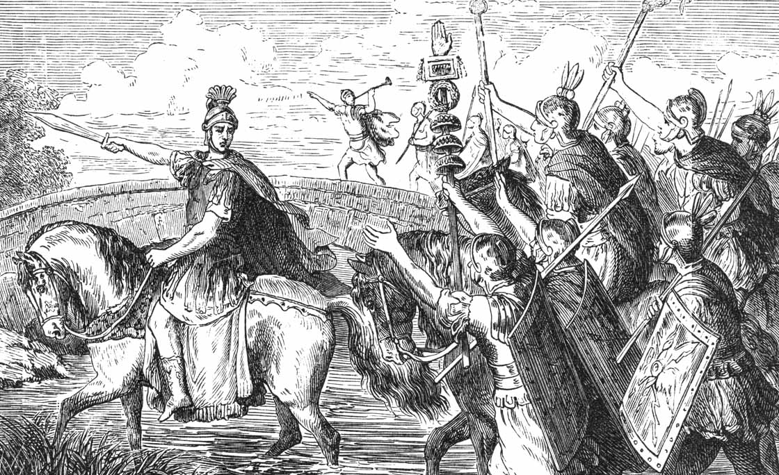 Old engraved illustration of Gaius Julius Caesar crosses the Rubicon