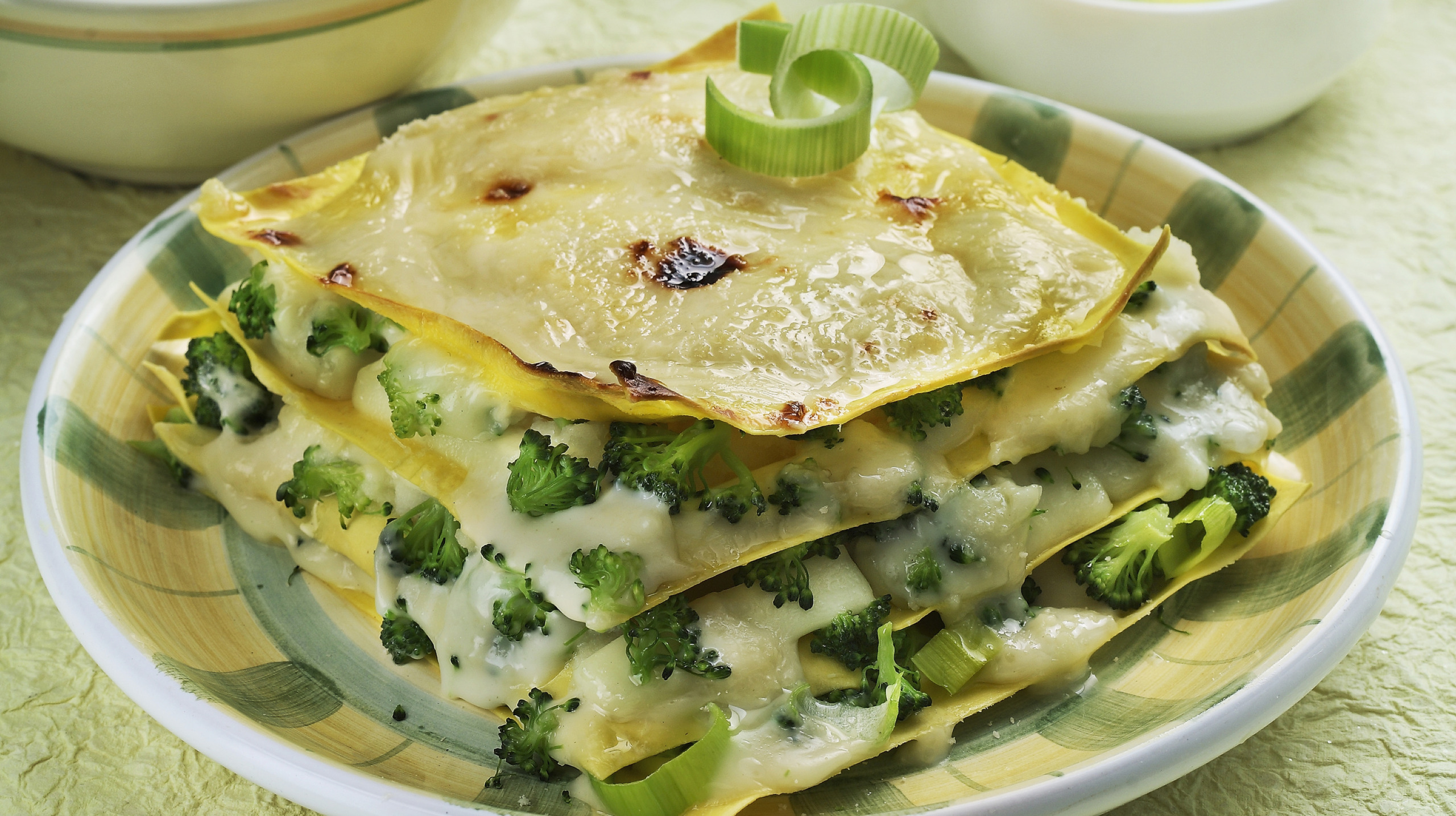 Lasagne with caciotta cheese and broccoli florets
