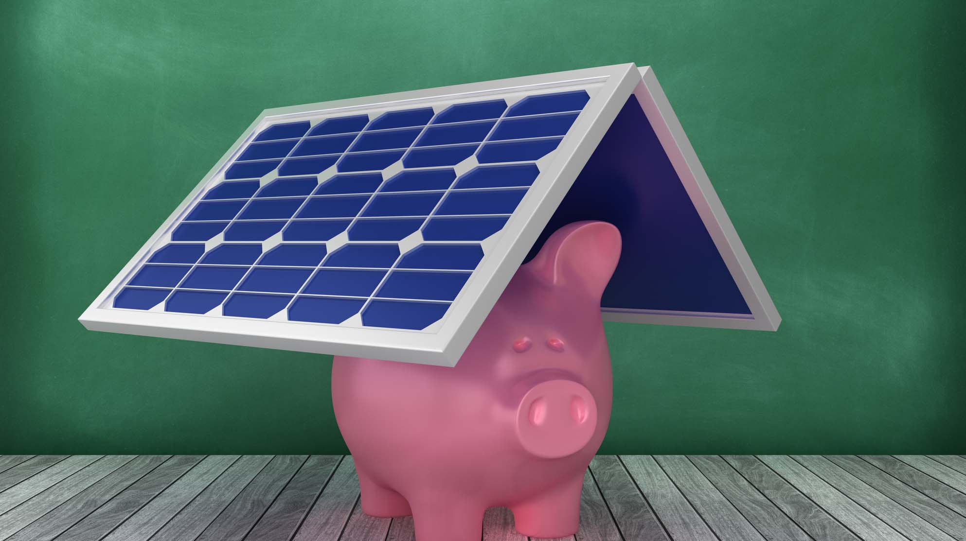Piggy Bank with Solar Panel on Chalkboard Background – 3D Rendering