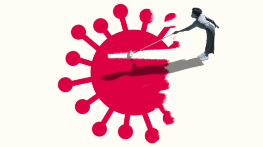Woman erasing red COVID-19 virus with paint roller