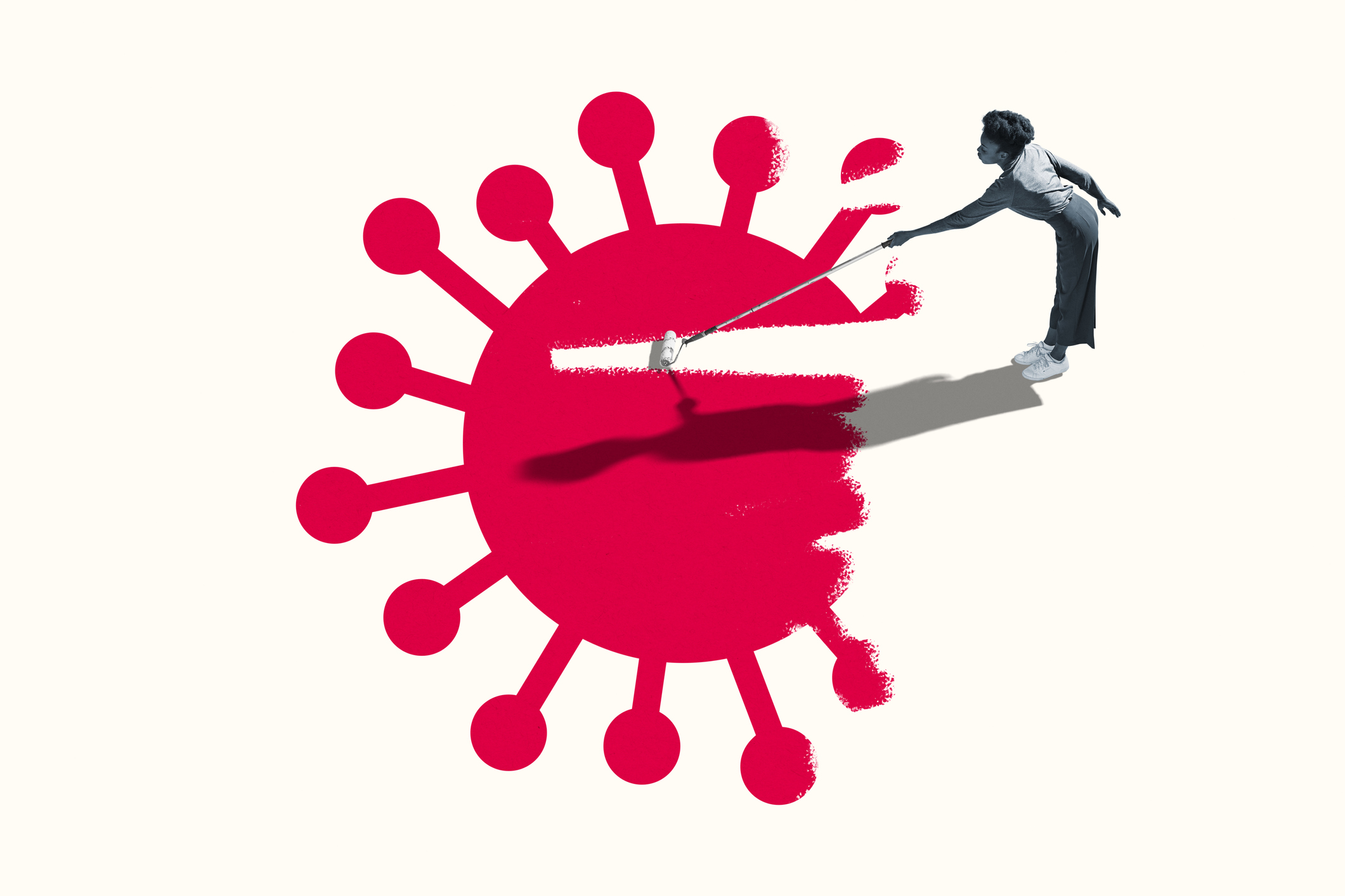 Woman erasing red COVID-19 virus with paint roller