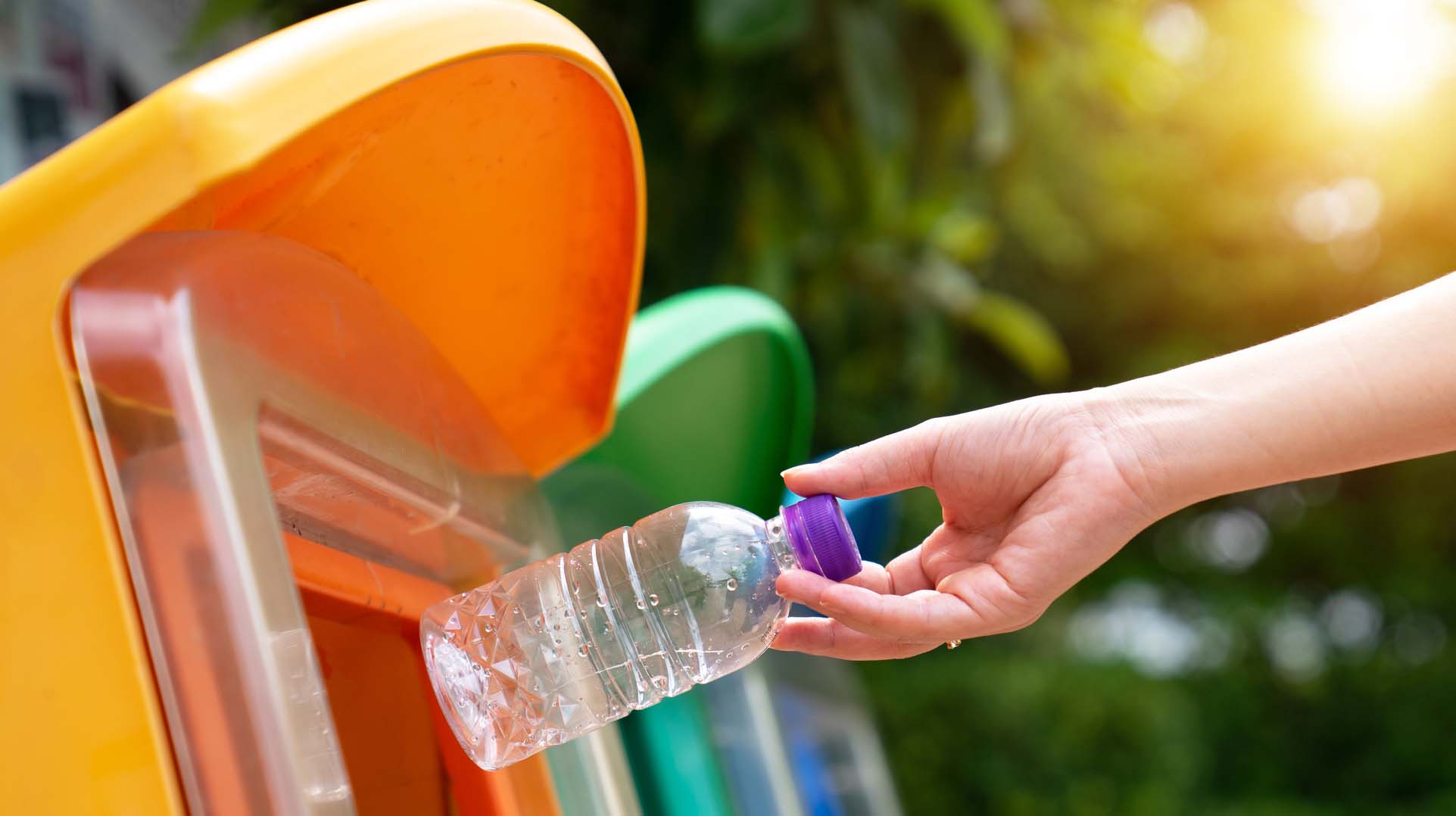 World Environment Day concept. Woman hand holding and putting plastic bottle waste into garbage trash.