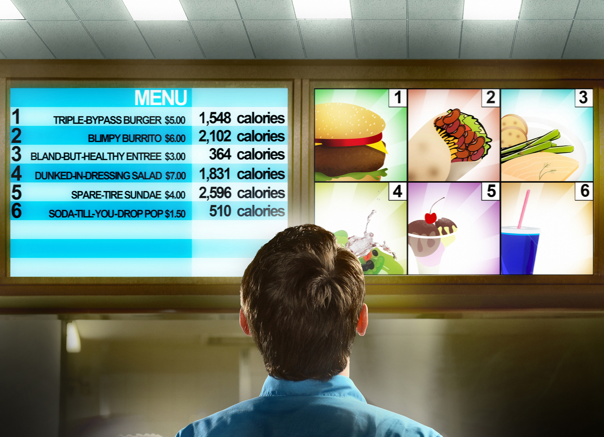 Man reading fast food menu with calorie chart