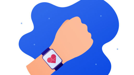 Health care monitor app concept. Vector flat illustration. Hand with smart watch with heart shape and heartbeat symbol on screen. Design element for ehealth, telehealth, medicine.
