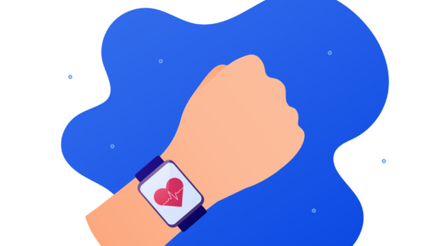 Health care monitor app concept. Vector flat illustration. Hand with smart watch with heart shape and heartbeat symbol on screen. Design element for ehealth, telehealth, medicine.
