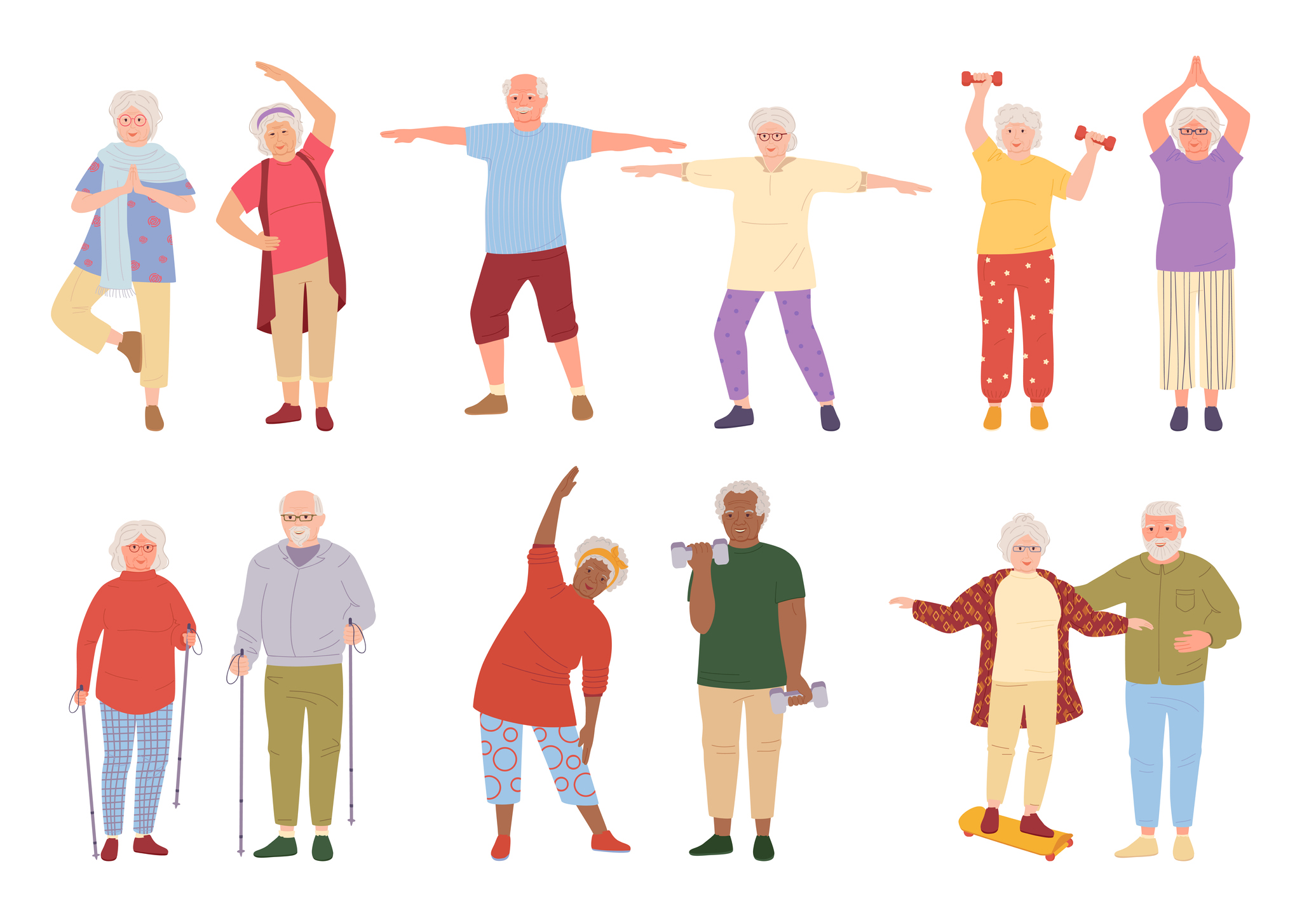 Healthy active older people cartoon set vector