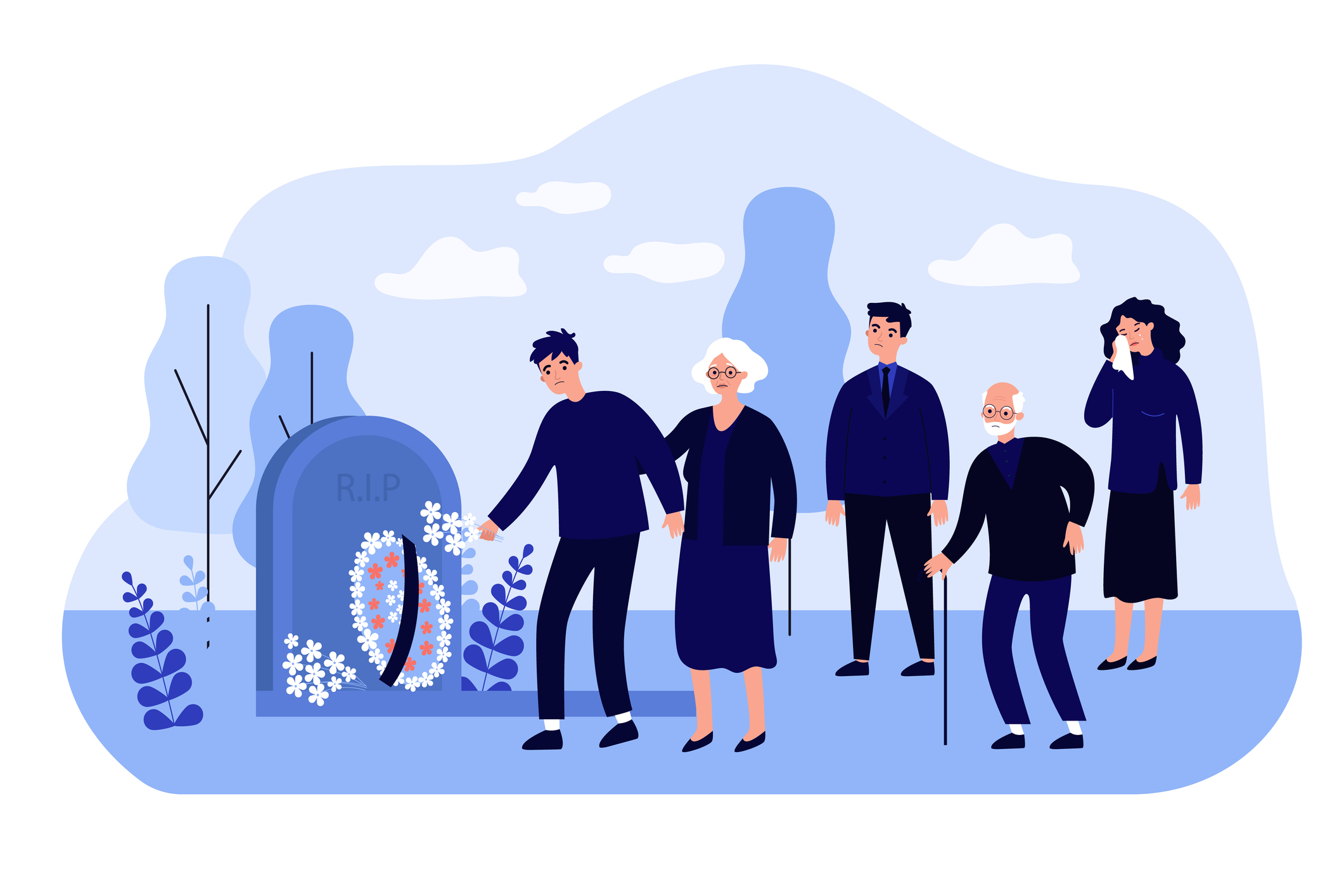Cartoon mourning people at graveyard flat vector illustration
