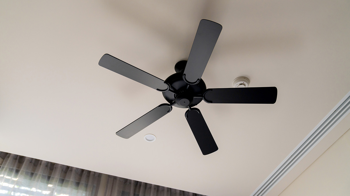 Moving ceiling fan in a hotel room,indoor hanging decorate ceiling fan install in bedroom hotel interior design