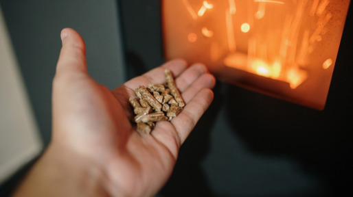 Pellet / Biomass heating – Human hand holding biomass pellets