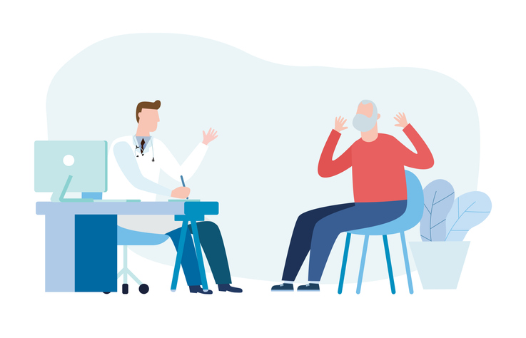 Mijn arts gebruikt teveel moeilijke woorden, illustratie, senior met baard, arts, zitten, praten, wanhoop