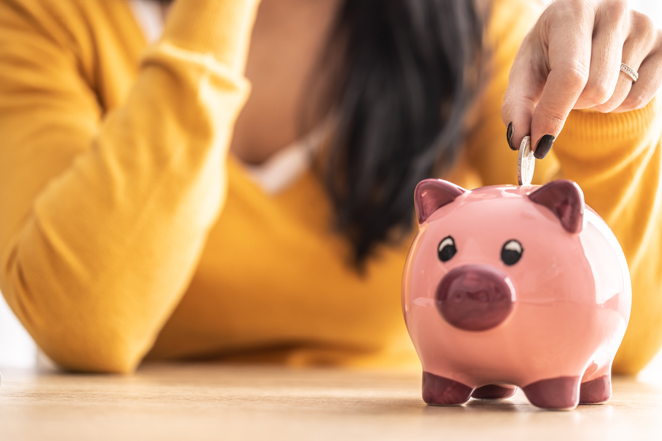 Spaarvarken we doen er geld in getinte vrouw