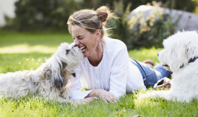blije vrouw met honden