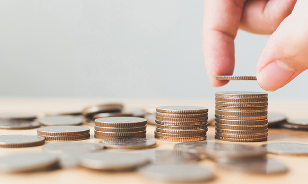 Saving money and investing is growing growth wealthy and sustainable for the future concept, Hand of male or female putting coin stack step growing growth financial