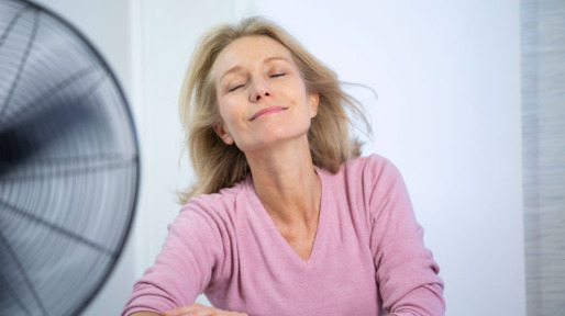 Vrouw zit voor ventilator af te koelen