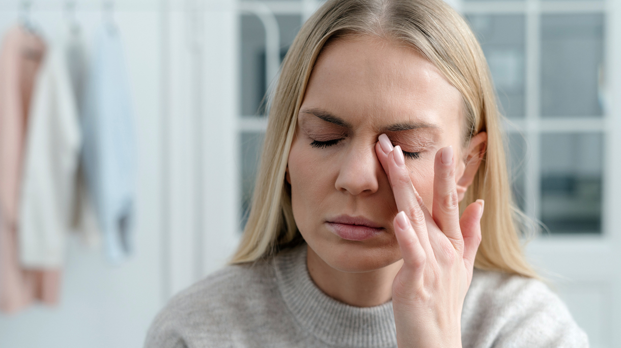 Vrouw wrijft in haar pijnlijke ogen