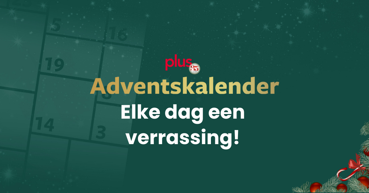 Visual van de Plus Adventskalender met de tekst: “Elke dag een verrassing!”