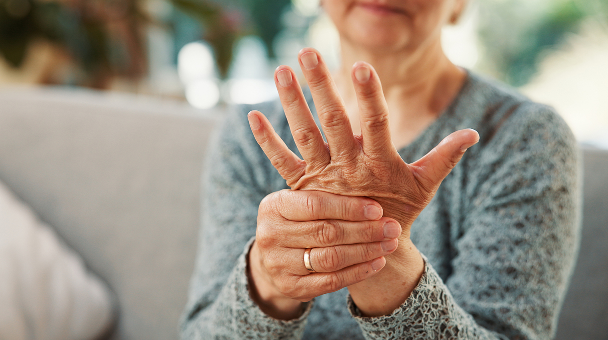 vrouw heeft artrose in hand en pols