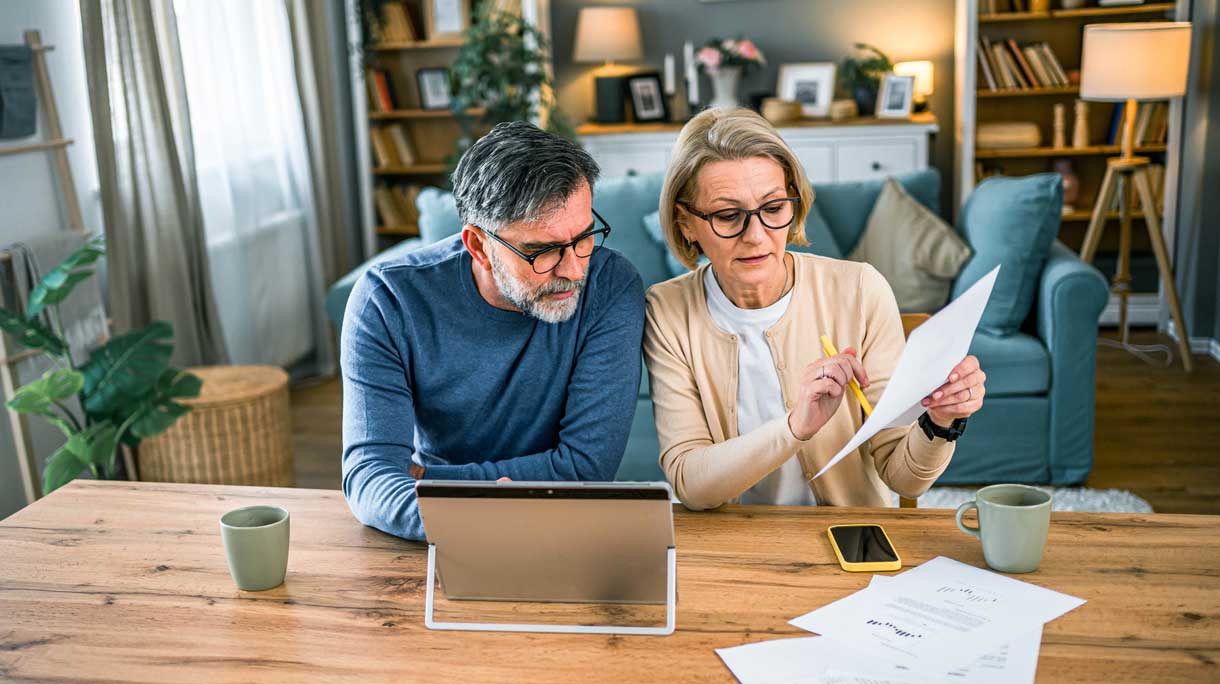 Man en vrouw zitten aan de administratie