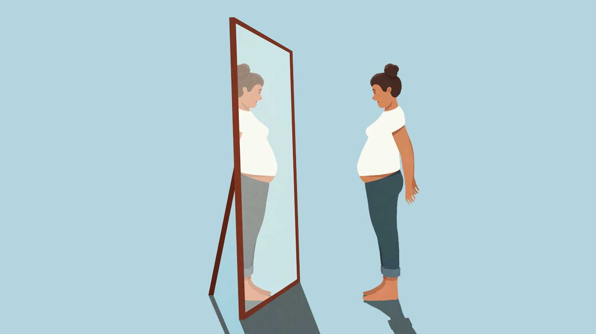 Illustratie van vrouw die in spiegel kijkt