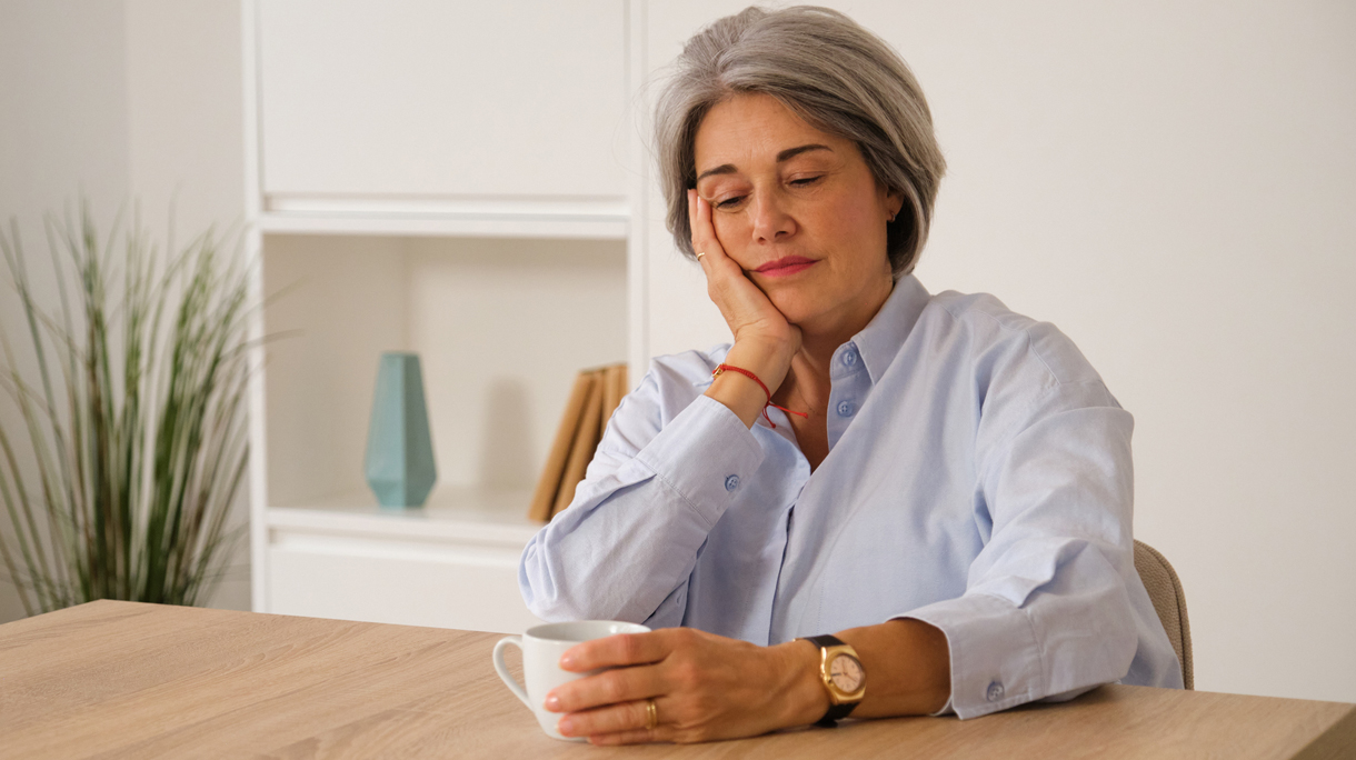 Vrouw voelt zich somber en schuldig drinkt een kop thee of koffie