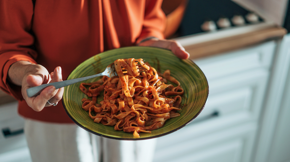 Vrouw in de keuken met bord pasta in haar handen