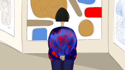 Illustratie van vrouw die kunst kijkt